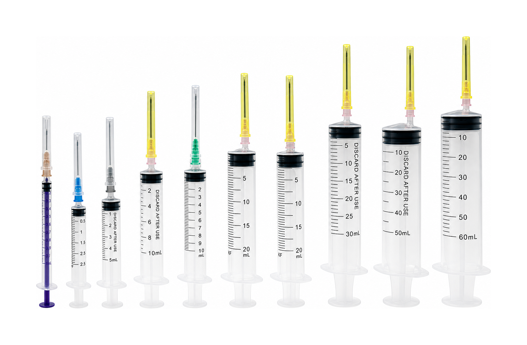 Disposable syringe series lineup for 5 ml, 10 ml, 20 ml, and 50 ml comparison