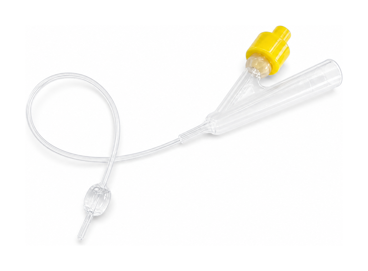 Veterinary double-lumen urinary catheter lineup with catheter, guidewire, and connector visible