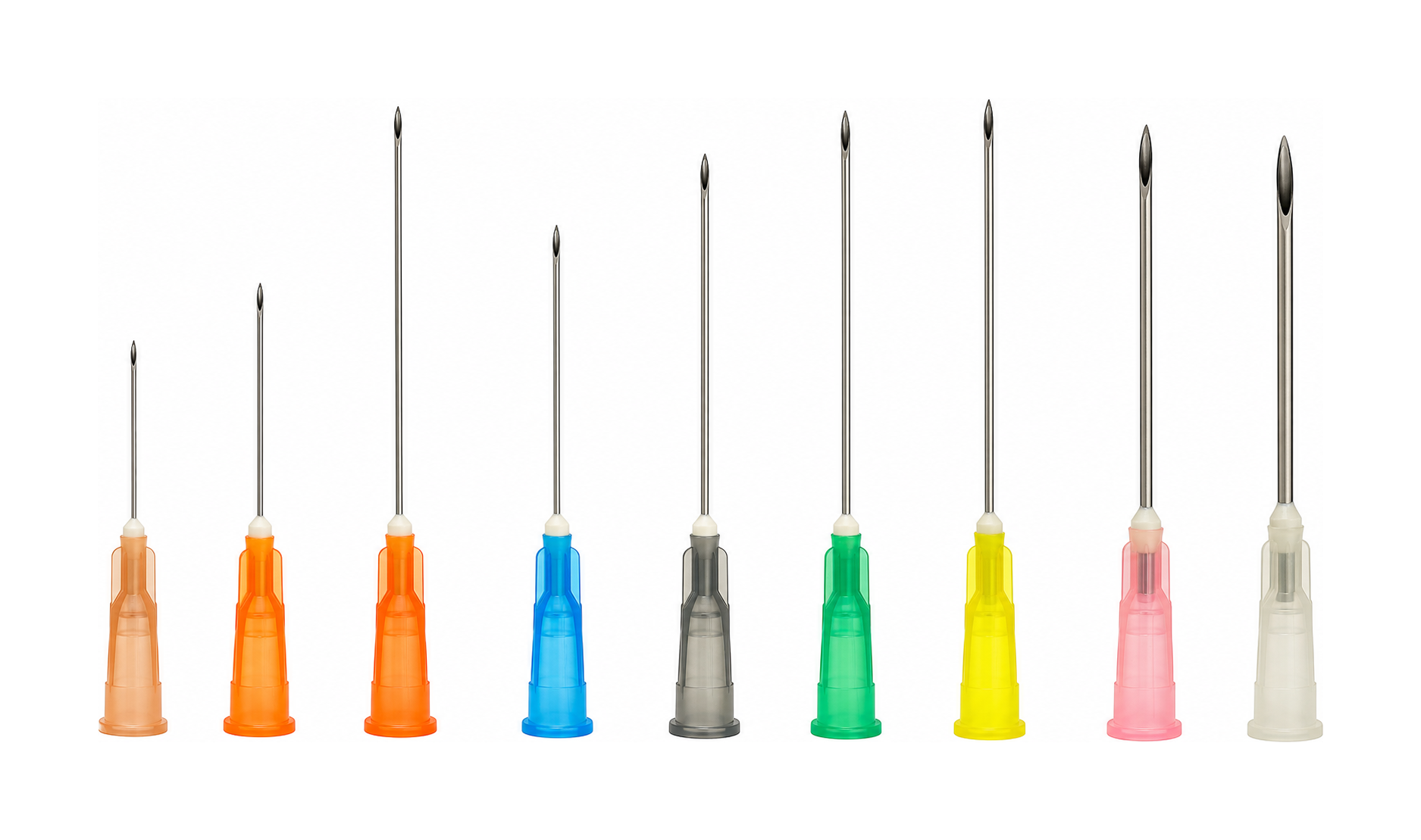 Injection needle gauge lineup with color-coded hubs for specification comparison
