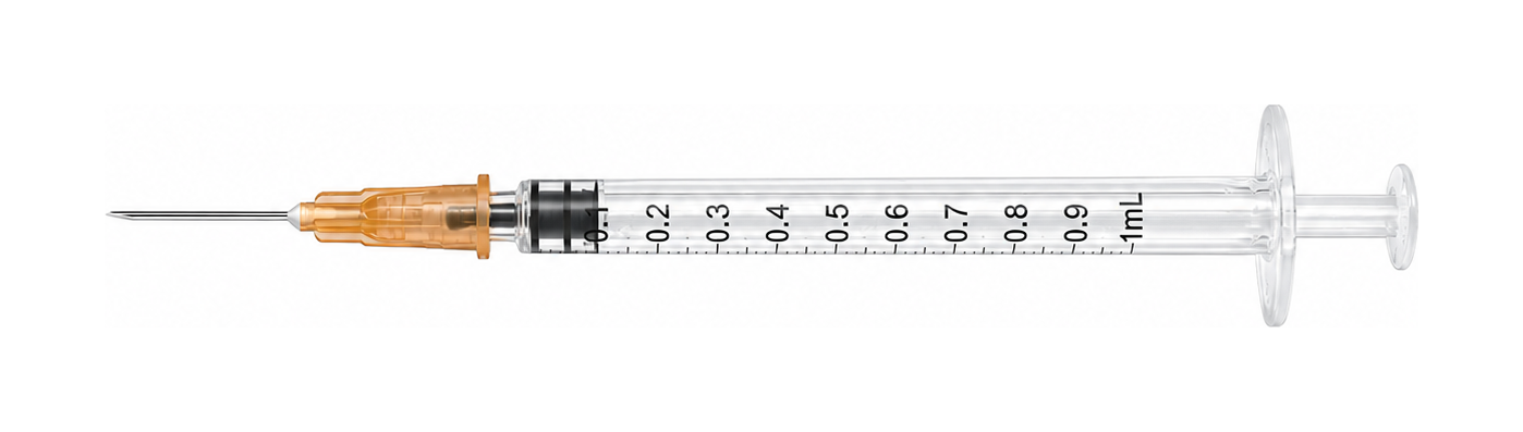 1 ml veterinary syringe detail image for barrel, plunger, and needle presentation